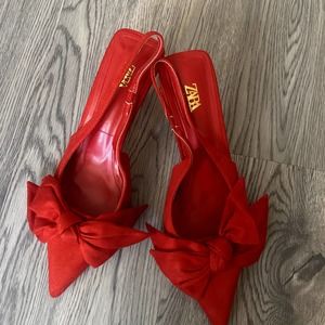 ZARA WOMAN Faux suede Heeled slingback shoes with bow in RED 38 2231/810